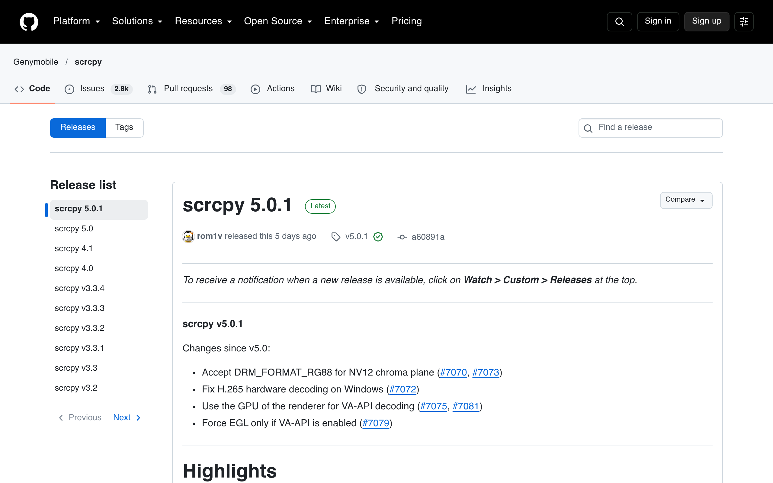 scrcpy 5.0 开源安卓投屏工具 GitHub Releases
