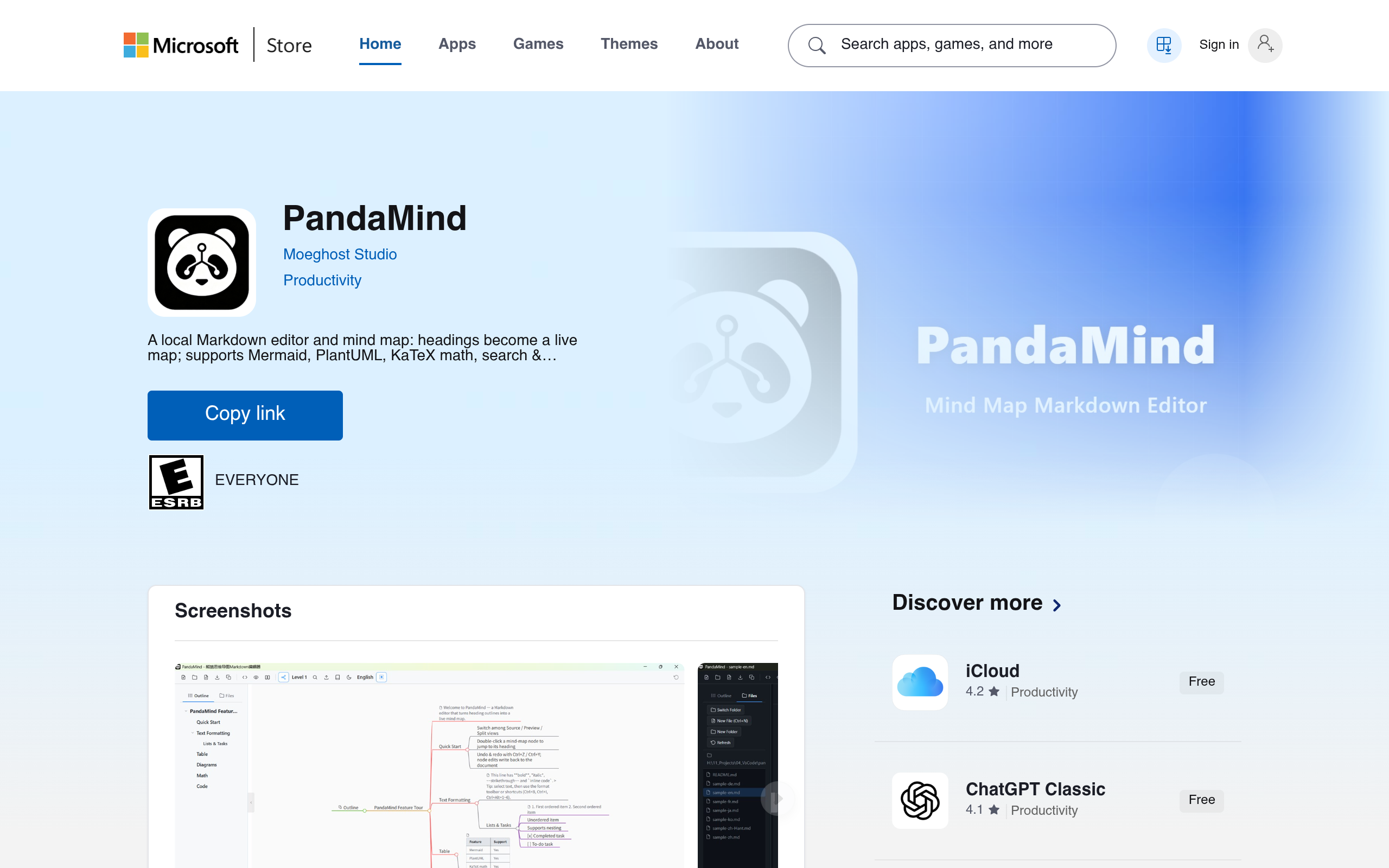 PandaMind 微软商店页-本地Markdown编辑器思维导图