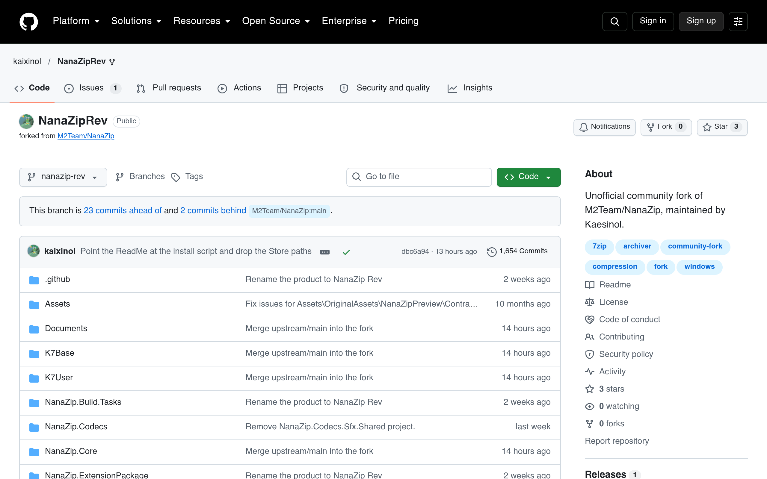 NanaZipRev GitHub 仓库页-开源压缩工具社区分支