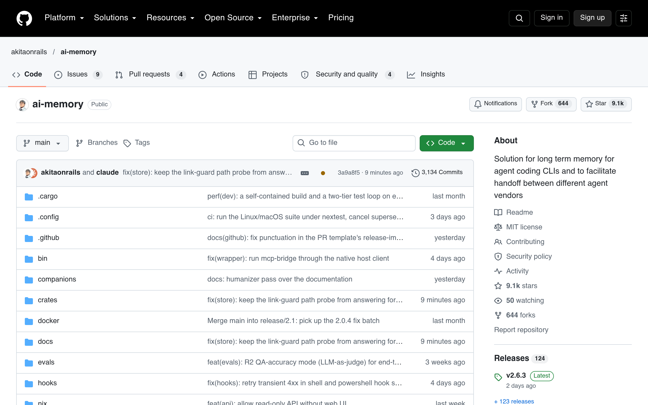 ai-memory GitHub 仓库页面：AI 编程工具共享项目记忆，开源 MIT