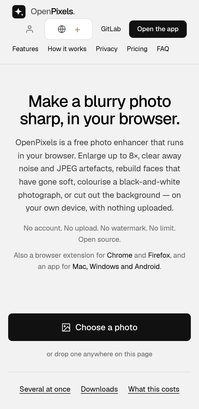 OpenPixels 移动端照片修复界面